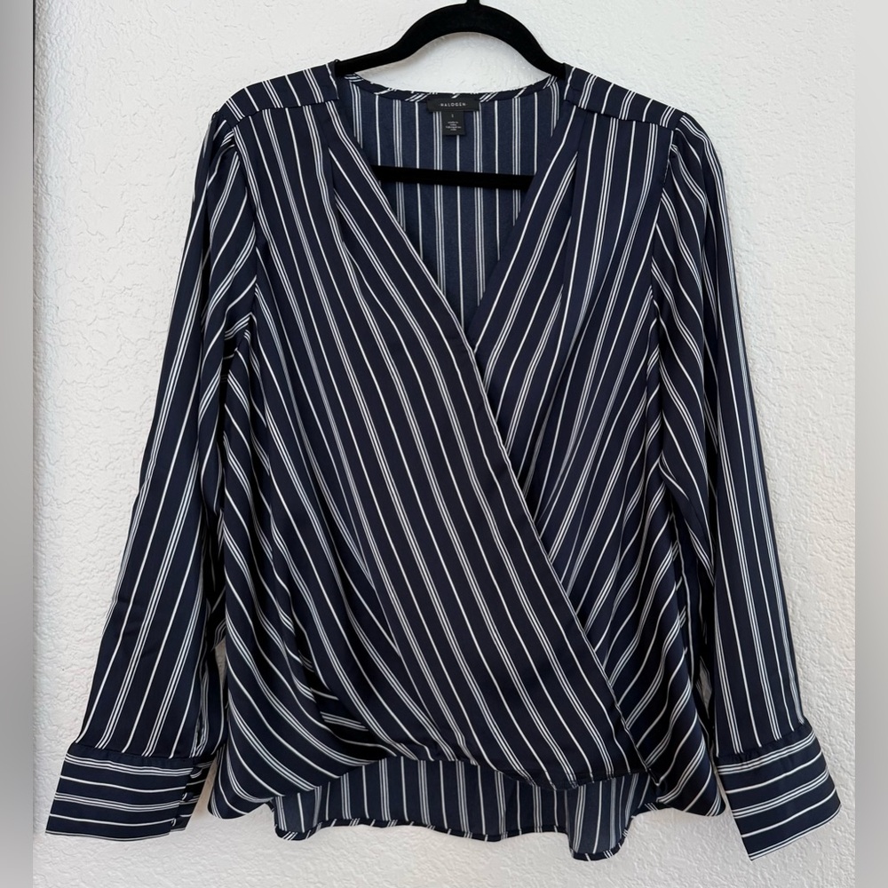 Halogen Navy and White Striped Wrap Blouse Size L